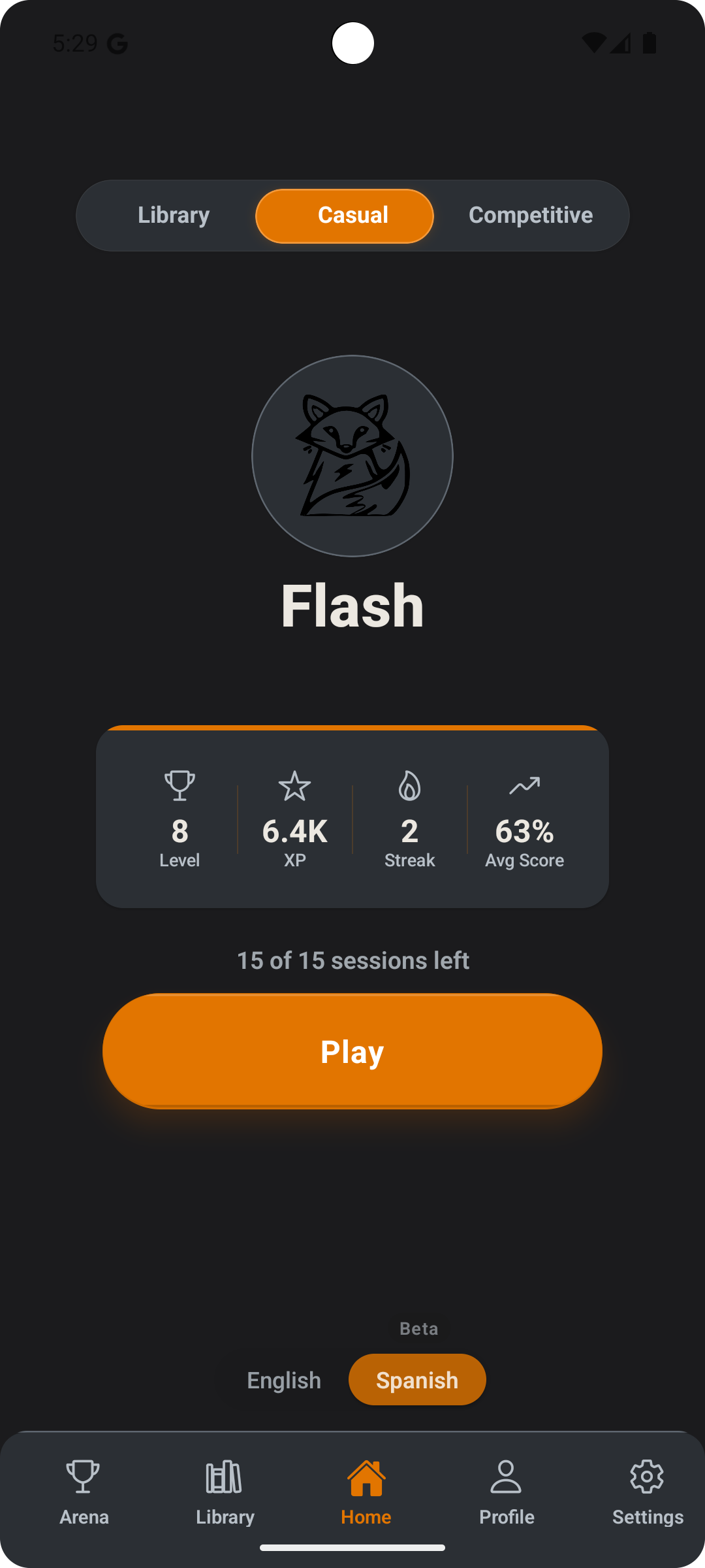 Flash app home screen — level progress, XP stats, and Play button